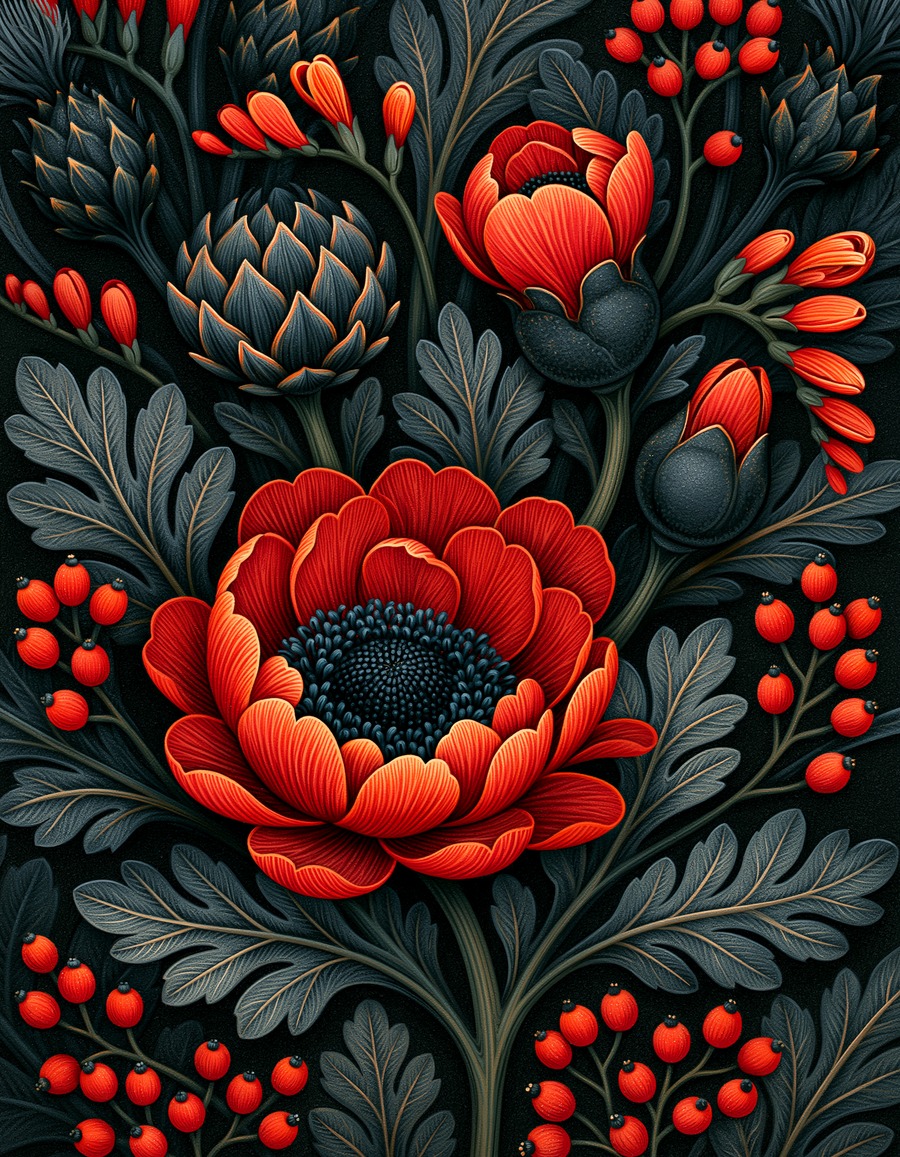 Scarlet folk botanical artwork with a deep red bloom on near-black