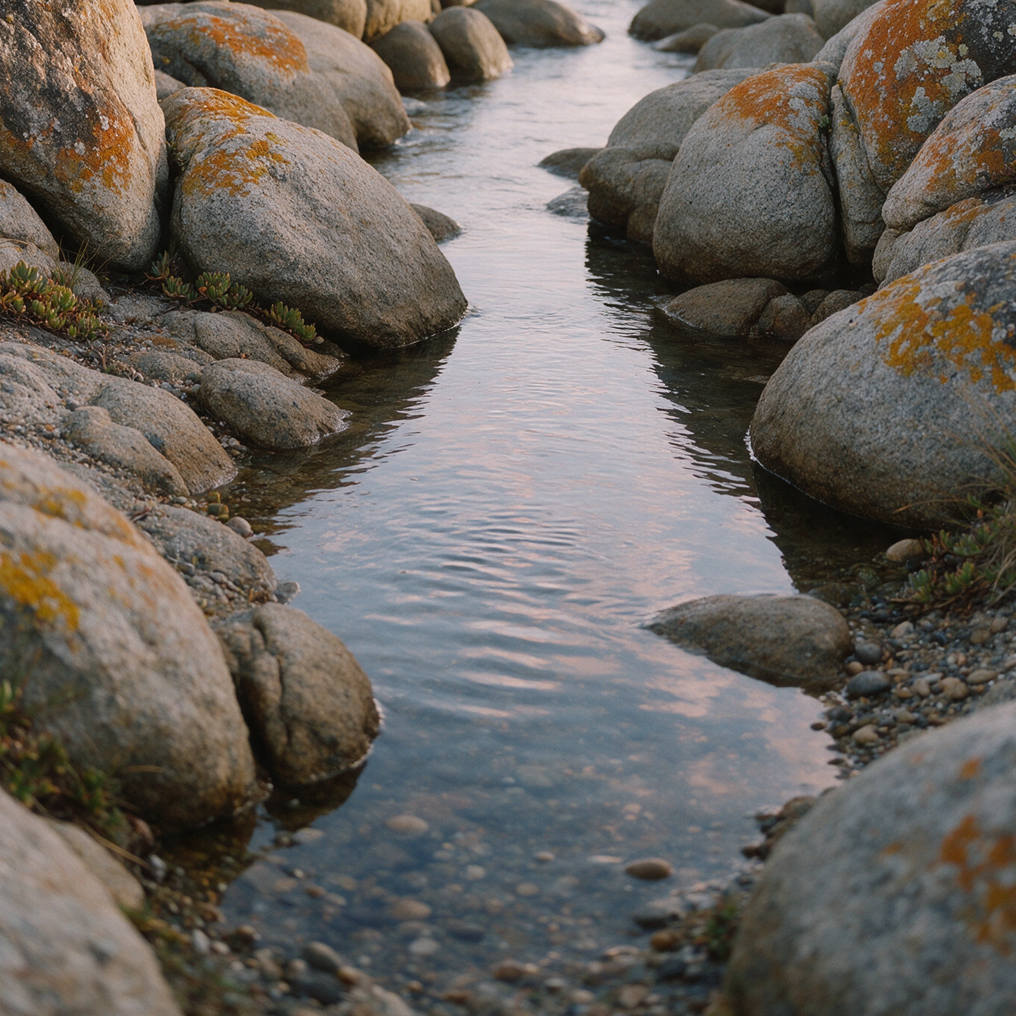 Close view of a Tasmanian tidal channel and lichen-covered granite